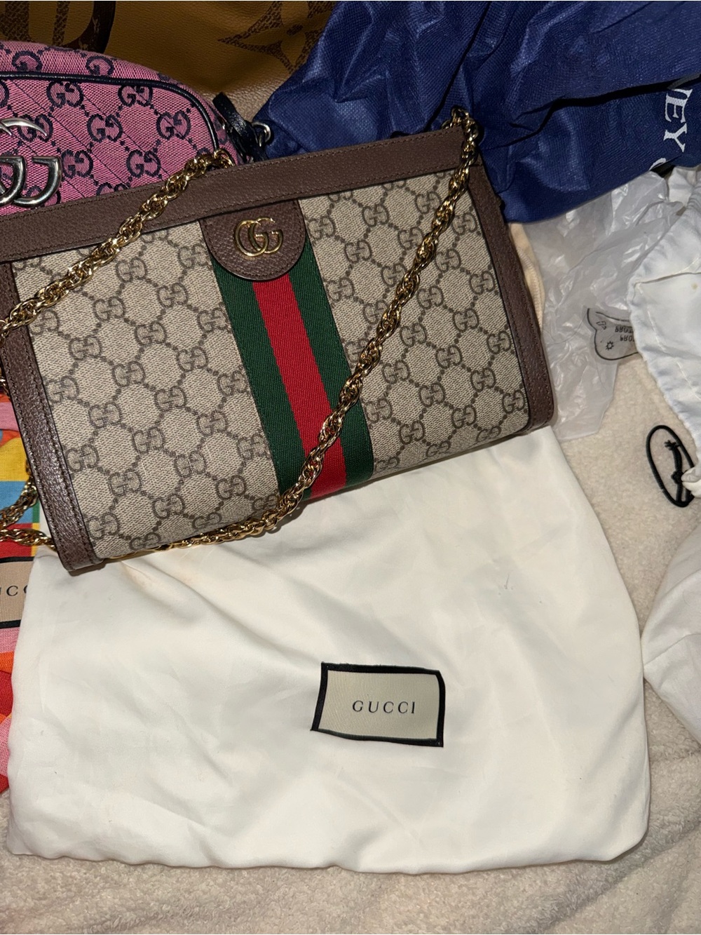 Gucci Beige GG Supreme Canvas Shoulder Bag with Green-Red Stripe